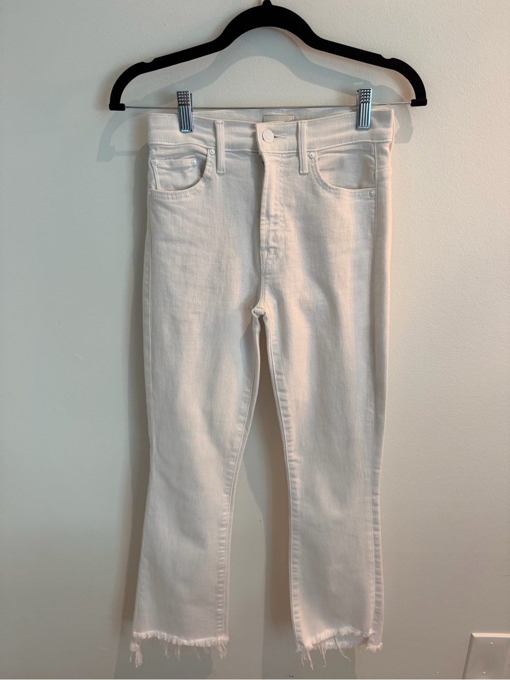 MOTHER White Cropped Frayed-Hem Jeans